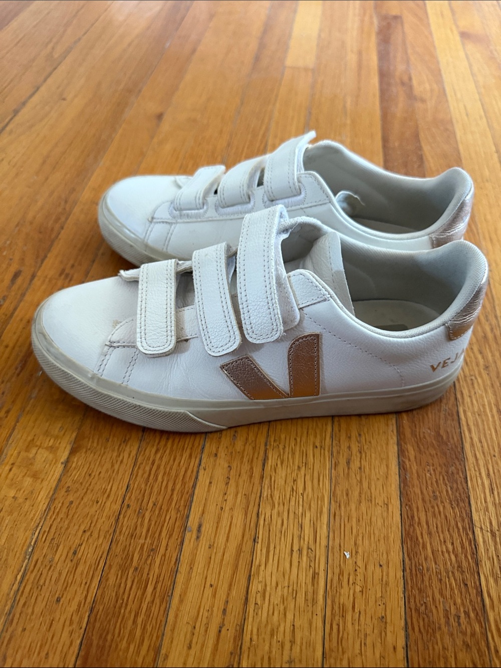 Veja  White Leather Sneakers with Metallic Tan Accent